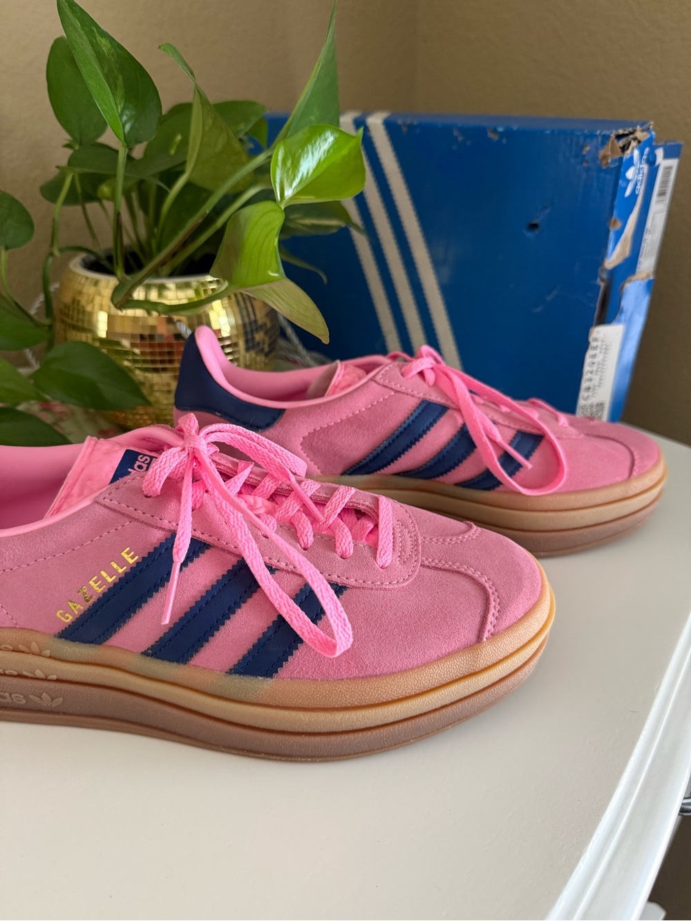 adidas Gazelle Bold Platform Sneakers in Pink and Navy with Gum Sole